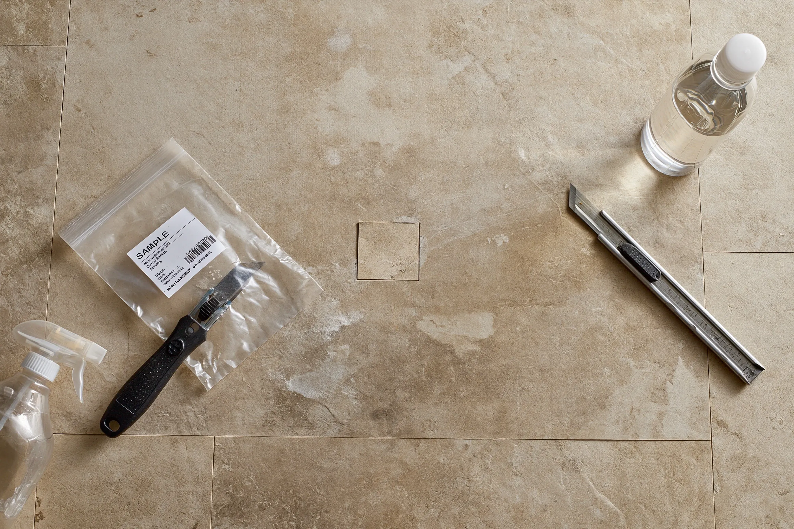 Labeled sample bags and a sampling tool beside a small cut in flooring, inspection context